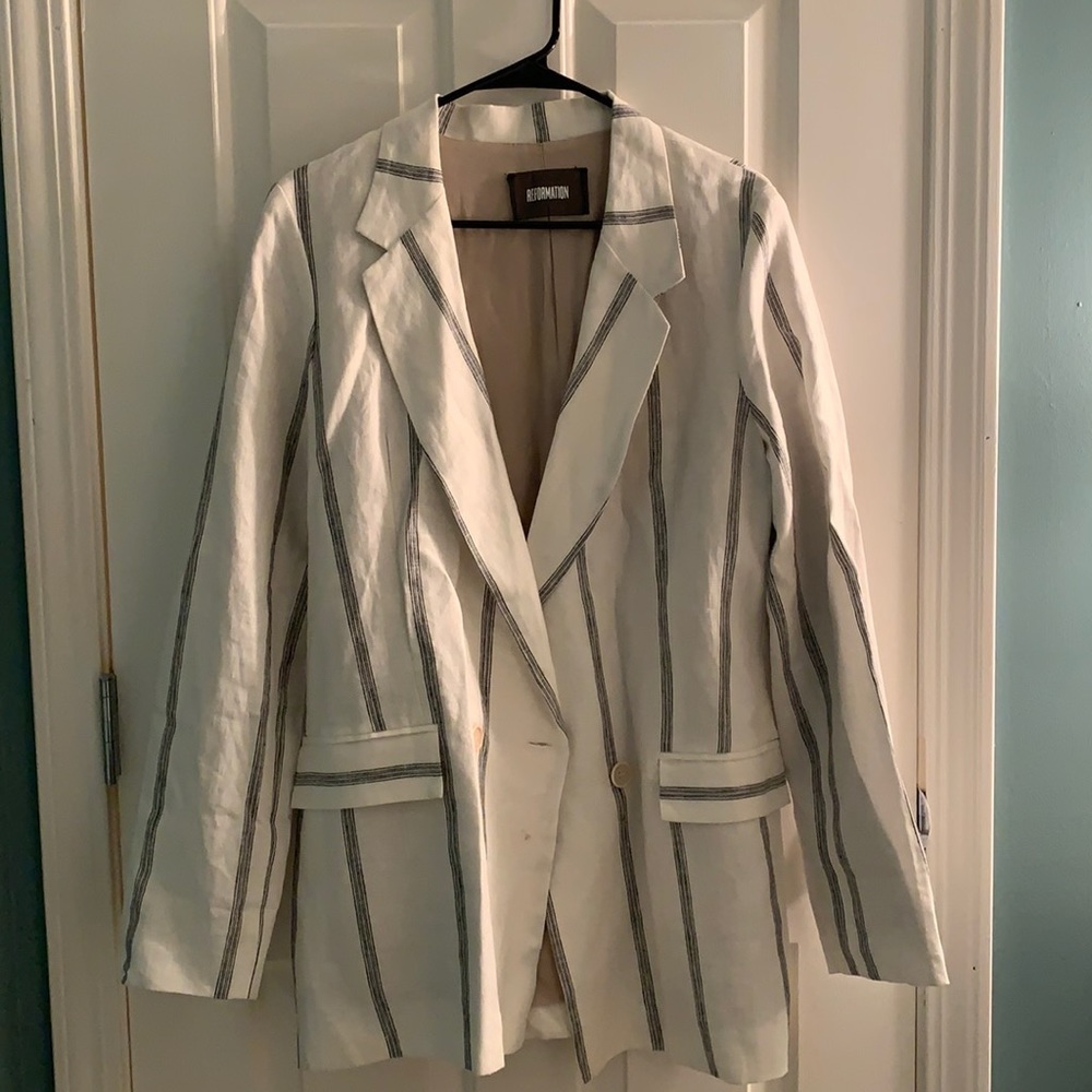Reformation Cream and Gray Striped Linen Blazer